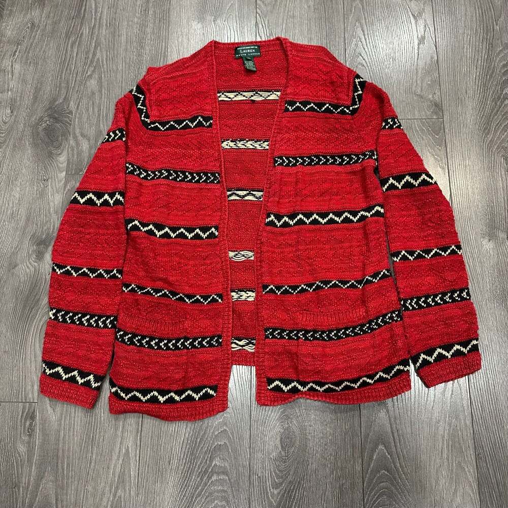 Lauren Ralph Lauren Women's Hand Knit Aztek Southwest Black Red Cardigan Sz XL